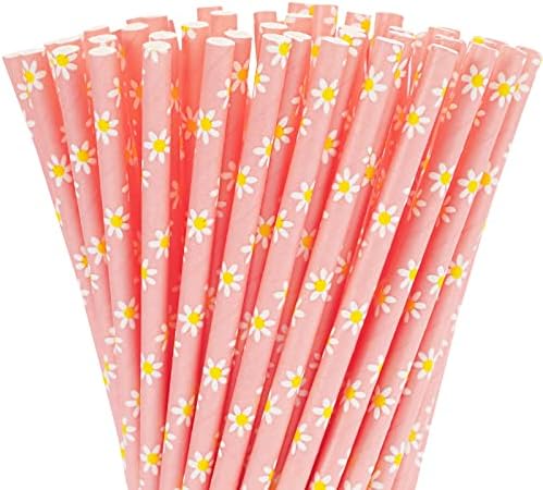 Whaline 100Pcs Flower Drinking Straws Green Boho Daisy Disposable Paper Straws Groovy Floral Decorative Straws for Summer Birthday Baby Shower Party Supplies Juices Shakes Cocktail Decoration Whaline