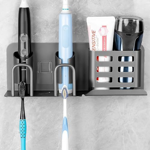 Adorilay Aluminum Alloy Electric Toothbrush Holders, Wall Mounted Bathroom Organizers and Storage with 2 Slots, Multipurpose Bathroom Accessories Organizer for Toothpaste, Electric Razor (Grey) Adorila