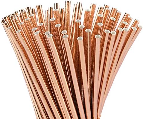 ALINK Rose Gold Foil Paper Straws, Biodegradable Disposable Party Drinking Straws for Birthday, Wedding, Bridal/Baby Shower and Christmas Decorations, Pack of 100 Alink