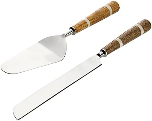 Creative Co-Op Stainless Steel Cake Knife & Server with Wood & Horn Inlay Handle and Bag (2 Pieces) Creative Co-op