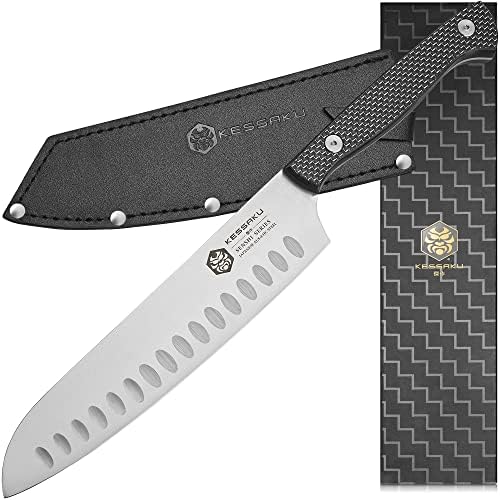 KESSAKU 8-Inch Santoku Knife - Senshi Series - Forged Japanese AUS-8 High Carbon Stainless Steel - Carbon Fiber G10 Handle with Sheath KESSAKU