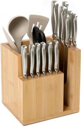 Bamboo Magnetic Knife Block and Cooking Utensil Holder, Sleek Storage for Chefs Knives, Steak Knives, Spatulas, Scissors, Non-Slip Rubber Feet, Easy to Clean, Food-Safe Black Finish KitchenEdge