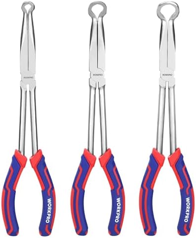 WORKPRO 3-Piece Long Reach Hose Grip Pliers Set, 11 Inches Ring Nose Hose Gripper Pliers, 5/16-Inch, 1/2-Inch, 3/4-Inch Dia, Serrated Jaws for Hard to Reach Narrow Spaces, Ergonomic Handle Workpro