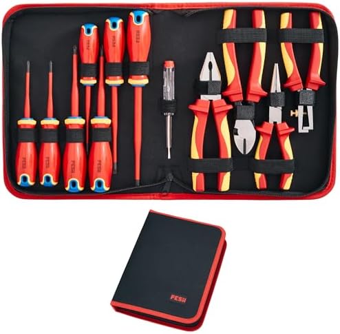 FESA Insulated Electrician Tool Set - 1000V 12-Piece Insulated Tool Set with 7 Insulated Screwdrivers, 1 Voltage Tester & 4 Insulated Pliers - 1000 Volt Hand Tool Set with a Compact Storage Case Fesa