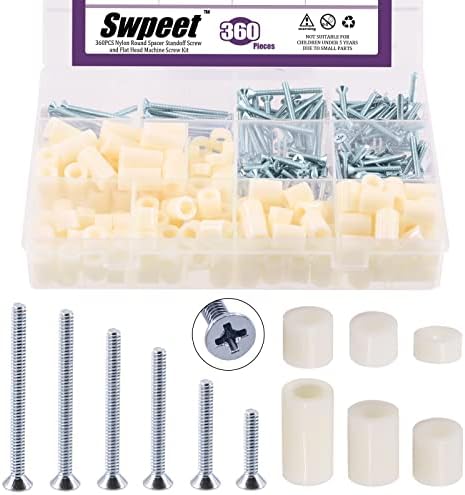 Swpeet 360Pcs Nylon Round Spacer Standoff Screw Nut and Flat Head Phillips #6-32 Electrician's Machine Screw Assortment Kit Perfect for Screws Prototyping Swpeet