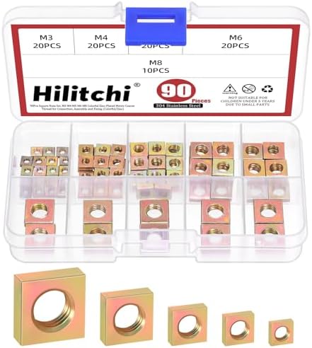 Hilitchi 90Pcs Square Nuts Assortment M3 M4 M5 M6 M8 304 Stainless Steel Square Nuts Square Machine Screws Nut Metric Coarse Thread Metric Square Nut Fasteners for Home Repair(304 Stainless Steel) Hilitchi