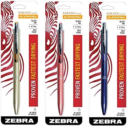 Zebra Sarasa Grand, Retractable Gel Ink Pen, Gold Barrel, Medium Point, 0.7mm, Black Ink, 1-Count (3, Gold, Navy, Rose Gold) Zebra Pen