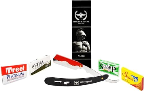 ROMAN EMPIRE SHAVING Mars New Straight Razor for Professional Barber with 20 Blades Sampler (Astra-Sharp-Shark-Voskhod) Razor Blades Club