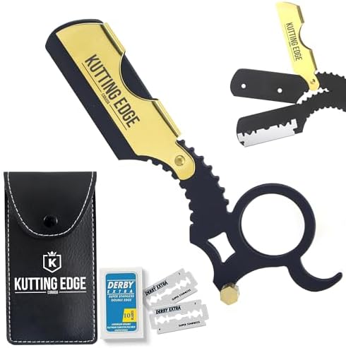 Kutting Edge Professional Straight razor kit, Barber Straight edge razor Finger Style With 10 shaving blades (20 Refilss) for close smooth shave, Hairlines, Moustache Beard shaper with travel pouch Kutting Edge