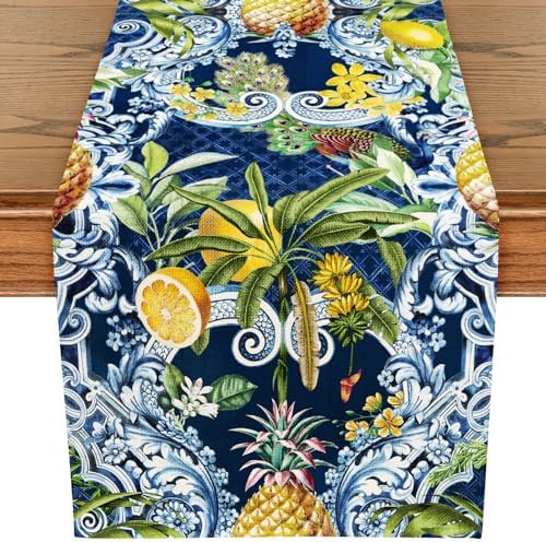 WRAPAHOLIC Tropical Vibe Table Runner - 13 x 72 Inch - Farmhouse Indoor Kitchen Anniversary Wedding Dining Table Decorations for Home Party - Pineapple and Lemon Wrapaholic