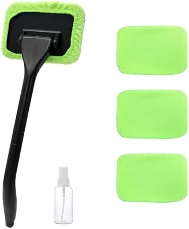 Car Windshield Cleaning Tool, Microfiber Auto Window Cleaner Set with 4 Washable and Reusable Cloth Pad, Long Handle Glass Wiper Cleaning Kit with Spray Bottle, Car Accessories Povtii