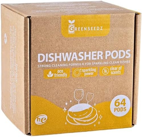 Greenseedz Free And Clear, Eco Friendly, Unscented Dishwasher Detergent Pods, Cuts Grease, 64 Count, Powerful Formula for Sparkling Clean Dishes, Automatic Dishwasher Greenseedz