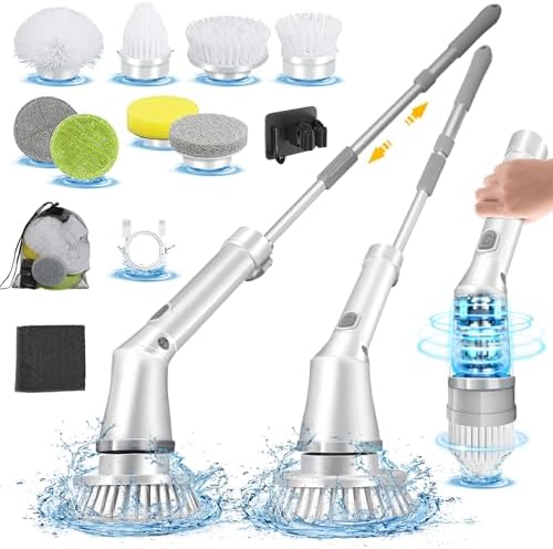 KEPEAK Electric Spin Scrubber, Dual Speed Cordless Rechargeable Cleaning Brush with 8 Interchangeable Brush Heads, 1.5H Work Hours, Adjustable Handle for Bathrooms, Kitchens Tile Floor Home Cleaning Kepeak