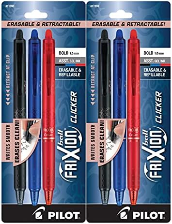 (2) Pilot Frixion Clicker Erasable Pen Black, Blue and Red Gel ink. 3 pack Bold, 1.0 mm, 11393 Pilot