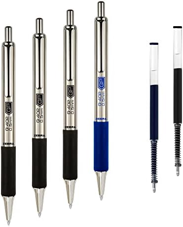 Zebra Pen G-402 Stainless Steel Retractable Gel Pen, Premium Metal Barrel, Fine Point, 0.5mm, Black and Blue Ink, 4-Pack Plus Refills, (50072) Zebra Pen