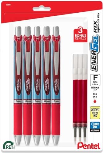 Pentel Energel Deluxe RTX 0.5 mm Needle Tip Pens - Retractable Liquid Gel Pen Set - Pack of 5 Red Pens with 3 Refills Pentel