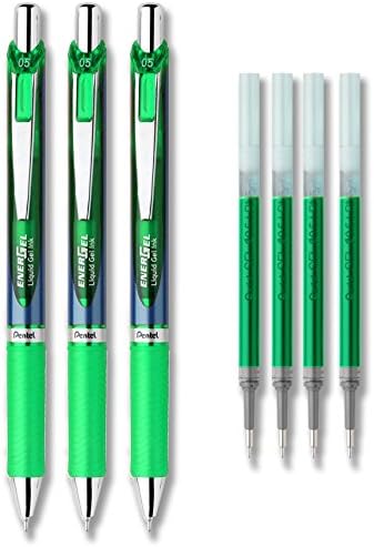 Pentel EnerGel Deluxe RTX Liquid Gel Ink Pen Set Kit, Pack of 3 with 4 Refills (Green - 0.5mm) Pentel