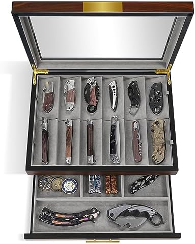 ikkle Pocket Knife Display Case, Knife Cases for Collections, Pocket Knife Case with Real Glass Window Top, Knife Display Case with Drawer, Two-Tire Pocket Knife Storage for Men Gift (Walnut) Ikkle