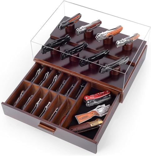 Knife Display Case, Pocket Knife Collection Display Holder, Folding Knife Wooden Showcase Display Organizer Storage with Drawers and Acrylic Cover, Surprise Gift for Men ULTRGEE