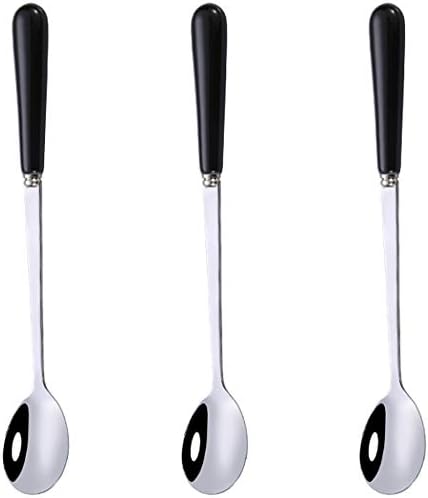 3PCS Mixing Spoons for Coffee, Dessert, Ice Cream, Milkshake, Stainless Steel Iced Teaspoon with Ceramic Handle Tablespoons Espresso Cocktail Stirring Spoons, 6.8-Inch (Black) Goeielewe