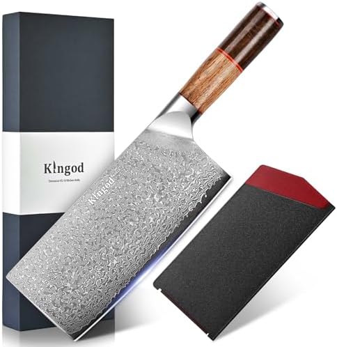 KINGOD Cleaver Knife 7 Inch Meat Cleaver with Sheath, Razor-Sharp Japanese VG10 Damascus Steel Kitchen Cleaver for Meat & Vegetables, Kitchen Gifts for Home or Restaurant KINGOD