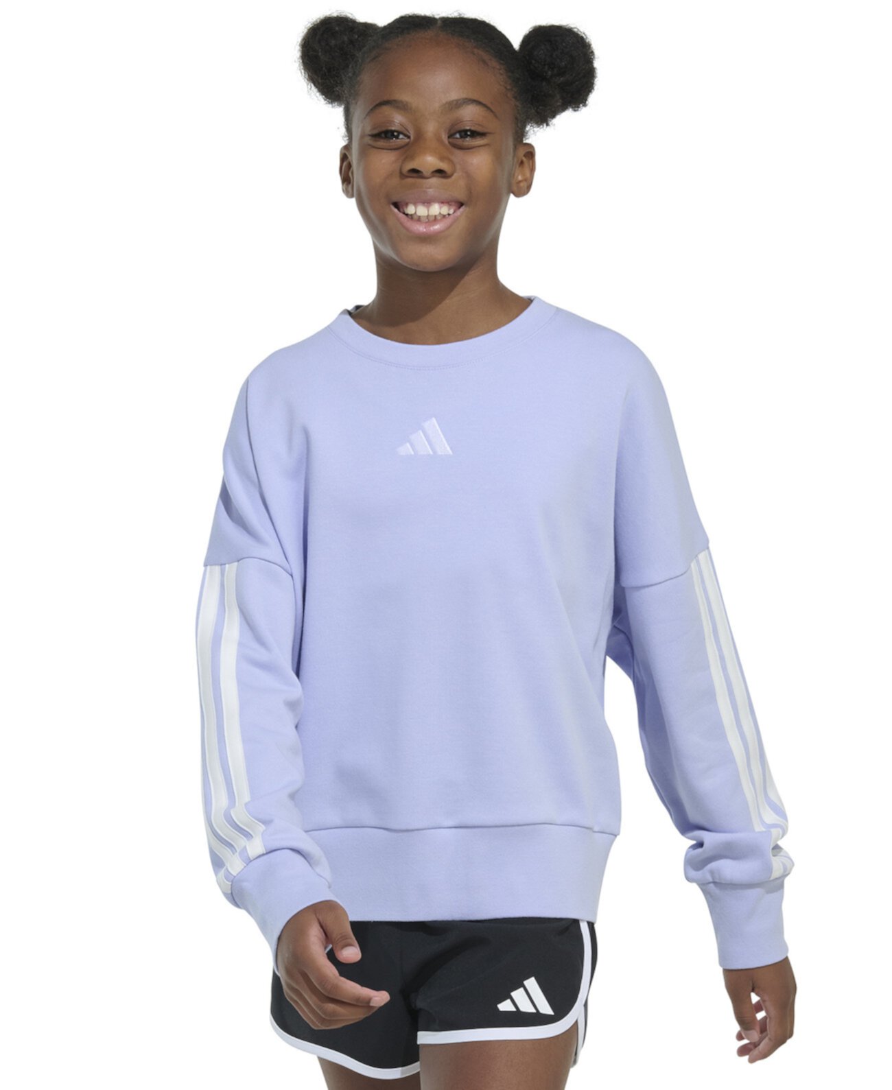 Big Girls Long-Sleeve 3-Stripe French Terry Crewneck Pullover Sweatshirt Adidas