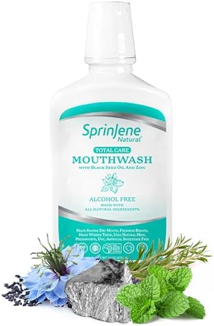 SprinJene Fluoride Free Mouthwash Alcohol Free for Fresh Breath Gum Health Dry Mouth Whitening Teeth w/Black Seed Oil & Zinc - All Natural Vegan Gluten Free Kosher Halal, SLS Free & Toxic Free SprinJene