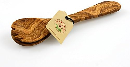 Tramanto Olive Wood Salad Server Set - 12 Inch Wooden Tongs - Rustic French Style Thirteen Chefs