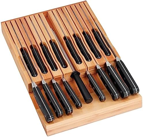 Eltow Bamboo Knife Drawer Organizer, In-Drawer Universal Knife Block with Safety Slots for 16 Knives (Not Included) and Slot for Knife Sharpener, Elegantly Crafted from Premium Moso Bamboo Eltow