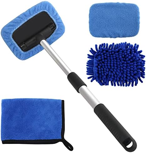 5 PCS Windshield Cleaning Tools, 18 inch Microfiber Car Window Cleaning Tool with Extendable Handle, Auto Interior Exterior Glass Wiper Car Glass Cleaner Kit with Microfiber Bonnet Pads and Cloth LeeLoon