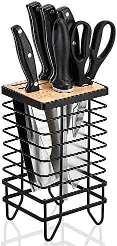 LINFIDITE Knife Block Holder Universal Kitchen Knife Organizer Storage Stand 8 Slots Top Hollow Iron Wire Safe to Use Different Size Shape Knife Sharpeners Scissors Kitchen Countertop Black LINFIDITE