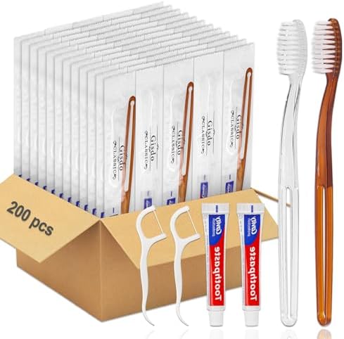 200 pcs Disposable Toothbrushes with Toothpaste Floss Individually Wrapped, 2 Color Disposable Toothbrush Bulk, 10g Toothpaste, Dental Floss Pick for Homeless,Airbnb,Hotel,Guest Gisdo