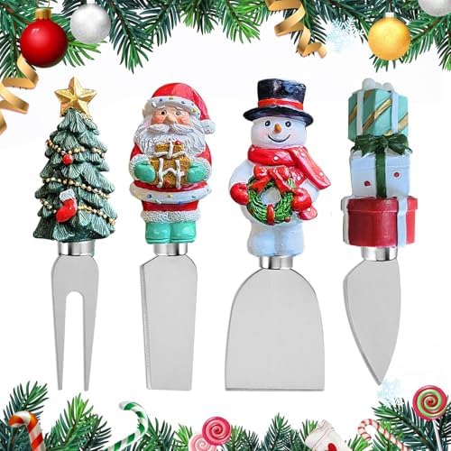 4-Piece Hand Christmas Resin Handles Cheese Knives, Xmas Charm Cheese Spreader Knife for Charcuterie Board Tools Linwnil