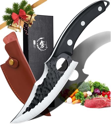 Huusk Japan Knife Upgraded Version, Fillet Caveman Knife Viking Knife Handmade Butcher Boning Knife for Meat Cutting Kitchen Knife with Sheath for Home or Camping Outdoor, Gift for Fathers Drgskl