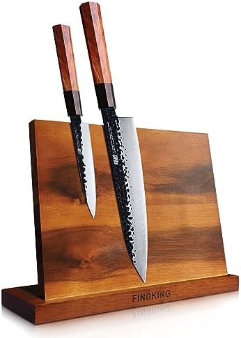 FINDKING Magnetic Knife Block, Teak Wood Kitchen Utensils Holder, Magnet Knife Stand for Kitchen Counter, Heavy, Strong Magnetism (10.8 x 8 Inches, Without Knives) FINDKING