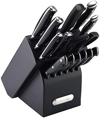 Farberware 15-Piece Forged Triple Riveted Knife Block Set, High Carbon-Stainless Steel Kitchen Knives, Razor-Sharp Knife Set with Wood Block, Black Farberware