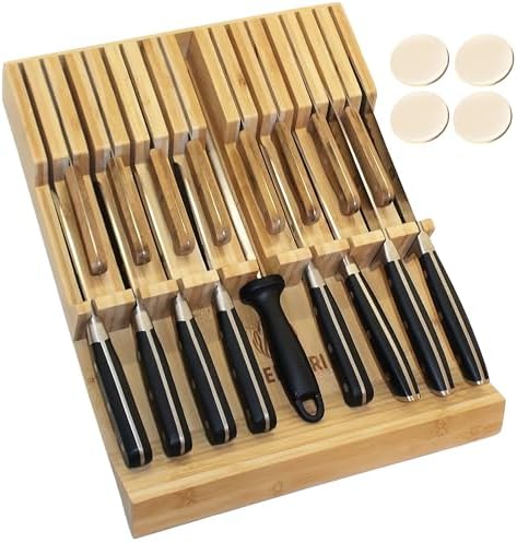 In-Drawer Knife Block Bamboo, Kitchen Knife Drawer Organizer Insert Holds 16 Knives and 1 Slot for Knife Sharpener (Knives Not Included) DEITGERI