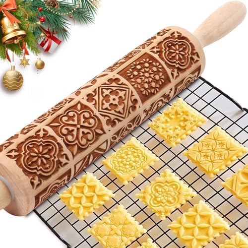 Christmas Embossed Rolling Pin for Baking Cookies Embossing Rolling Pins with Design Wooden Engraved Springerle Roller Pin Dough Patterned Clay Pottery Ceramic Bakers Women (Nativity Square Patterns) Big Role