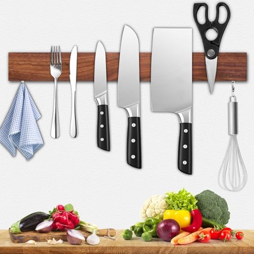 Dmore magnetic knife holder for wall—with 2 hooks, No Drilling 16 Inch Walnut wood knife magnetic strip, Extra Strong Magnet knife rack, include Adhesive Tape and screws for Kitchen Dmore