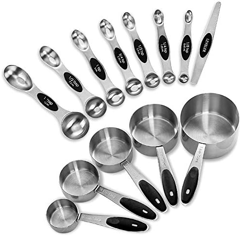 EDELIN Measuring Cups and Magnetic Measuring Spoons Set, Stainless Steel 5 Cups and 7 Spoons (Black) EDELIN