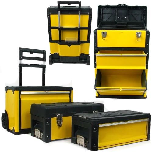 Portable Tool Box with Wheels - Stackable 2-in-1 Tool Chest with Fold-Down Comfort Handles, Tough Latches, and Removable Storage Trays by Stalwart, Black/Yellow Stalwart