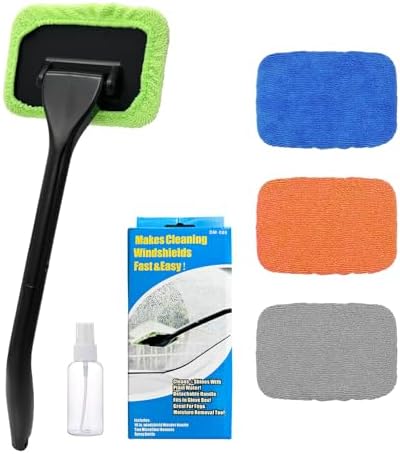 Car Windshield Cleaning Tool, Microfiber Window Cleaner with 4 Washable and Reusable Cloth Pad & Long Handle, Auto Glass Wiper Cleaning Kit with Spray Bottle, Car Accessories Ohleats