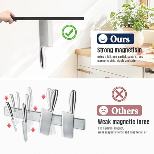 Dmore magnetic knife holder for wall—with 5 hooks, No Drilling 12 Inch black knife magnetic strip, Extra Strong Magnet knife rack, include Adhesive Tape and screws for Knives and Tools Dmore