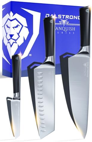 Dalstrong 3pc Knife Set - Vanquish Series - Forged High Carbon German Steel - Black Handle - Chef Knife, Santoku and Paring - Razor Sharp Kitchen Set - NSF Certified DALSTRONG