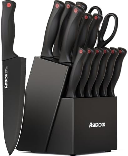 Astercook 15 Piece Knife Set with Sharpener Block - German Stainless Steel, Dishwasher Safe Kitchen Knives with Built-In Sharpener, Black Astercook