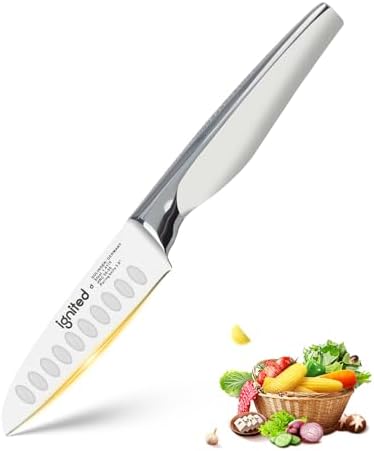 3.5 inch Paring Knife with Anti-slip Textured Handle, Hollow Edge Chef Knife, Razor Sharp Kitchen Knife with Dimples IGNITED CUTLERY