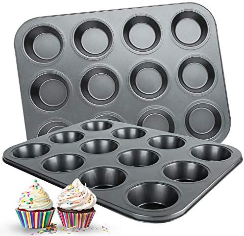 Muffin Pan, 12 Cupcake Pan, 2 Sets of Nonstick Brownie Bakeware Muffin Tin, Cupcake Tray, Baking Pan for Kitchen Oven, Black 13.9 x 10.5 x 1.2 inches Cemueo