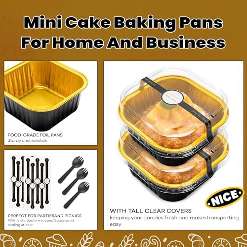 50 Pack Mini Cake Pans with Lids and Spoons Aluminum Foil Pans Square Cupcake Liners Brownie Baking Cups Disposable Ramekins Holders (Black Gold,5 oz) NPLUX