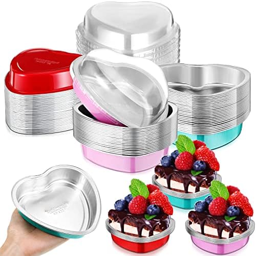 Zubebe 30 Pcs Aluminum Foil Cake Pan Bulk 8 oz Heart Shaped Cupcake Cup with Lids 225 ml Valentine's Day Disposable Large Baking Cupcake Cup for Valentine Mother's Day Wedding Party (Red,Blue,Pink) Zubebe