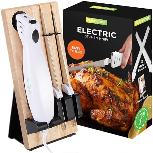 NutriChef Electric Carving Turkey Slicer Kitchen Knife | For Thanksgiving | Portable Electrical Food Cutter Knife Set with Carving Blades & Wood Carving Stand | Cuts Meat, Bread, Cheese & Fruit NutriChef